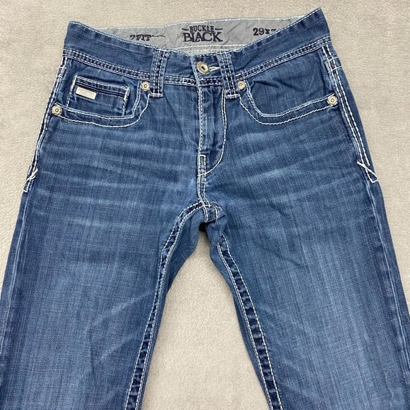 Buckle Black Jeans Mens 29 Blue 7 Fit Western Thick Stitch Flap Pockets Distress - Picture 2 of 14